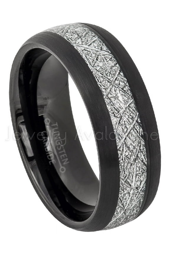 Mens Meteorite Tungsten Ring, Dome Black Tungsten Wedding with Imitation Meteorite Inlay JATN624Ns10.5