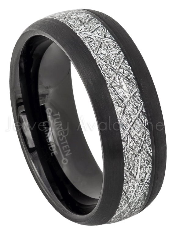 Mens Meteorite Tungsten Ring, Dome Black Tungsten Wedding with Imitation Meteorite Inlay JATN624Ns7