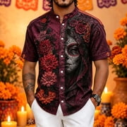 Mens Mexico Day of the Dead Shirt Mandarin Collar Button Down Floral Skull Graphic Short Sleeve Tshirt Halloween Shirts Wine M