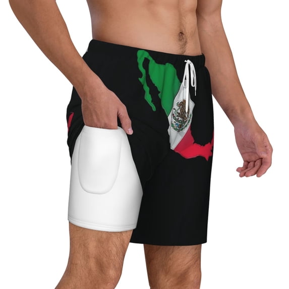 Mens Mexico Flag Map Swimming Trunks with Compression Liner Beach Quick Dry Swim Shorts