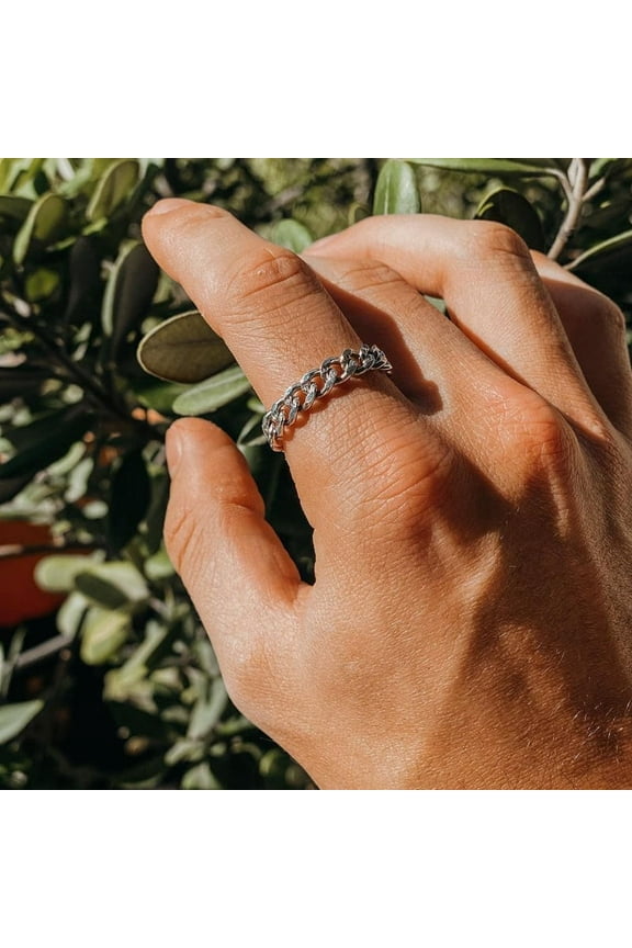 Mens Miami Cuban Chain Ring ,6MM 14K White Gold Curb Link Band Rings