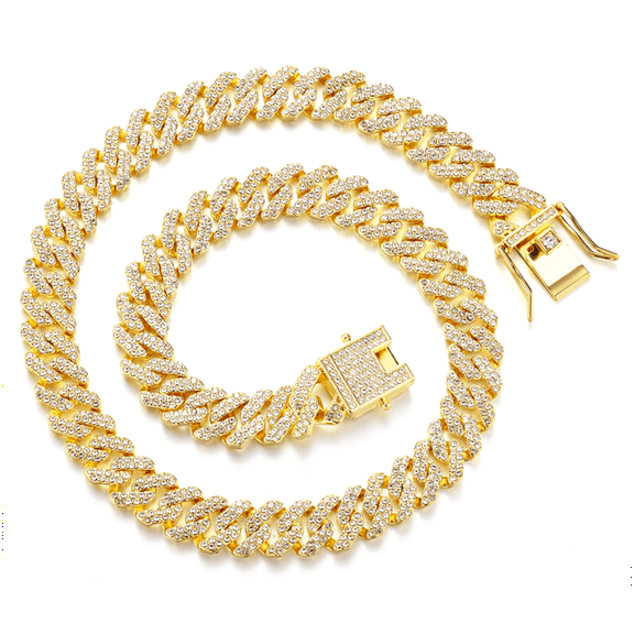 FEEL STYLE Golden Miami Cuban Link Chain Necklace For Men Golden 12mm Diamond Prong Cuban Chain Hop Jewely 18"