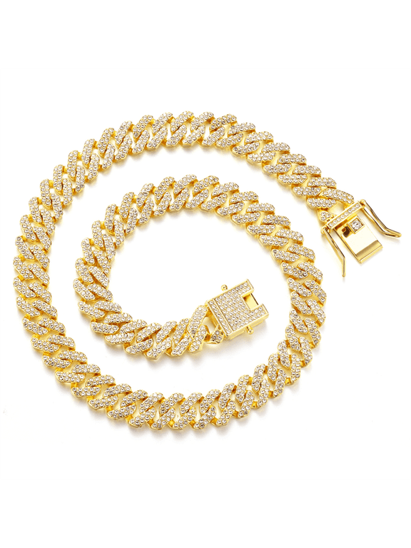 Golden Miami Cuban Link Chain Necklace For Men Golden 12mm Diamond Prong Cuban Chain Hop Jewely 18"