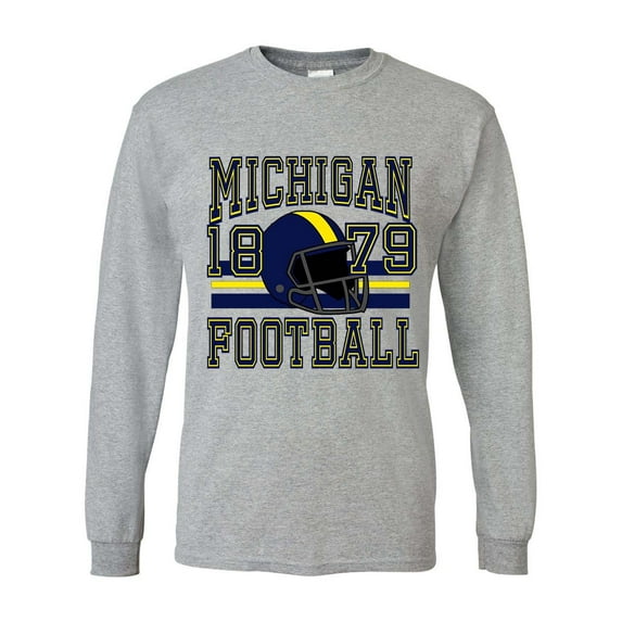 Mens Michigan Tshirt Michigan Football Helmet Team Color Long Sleeve T-shirt-Sports Grey-medium