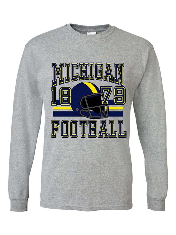 Mens Michigan Tshirt Michigan Football Helmet Team Color Long Sleeve T-shirt-Sports Grey-small
