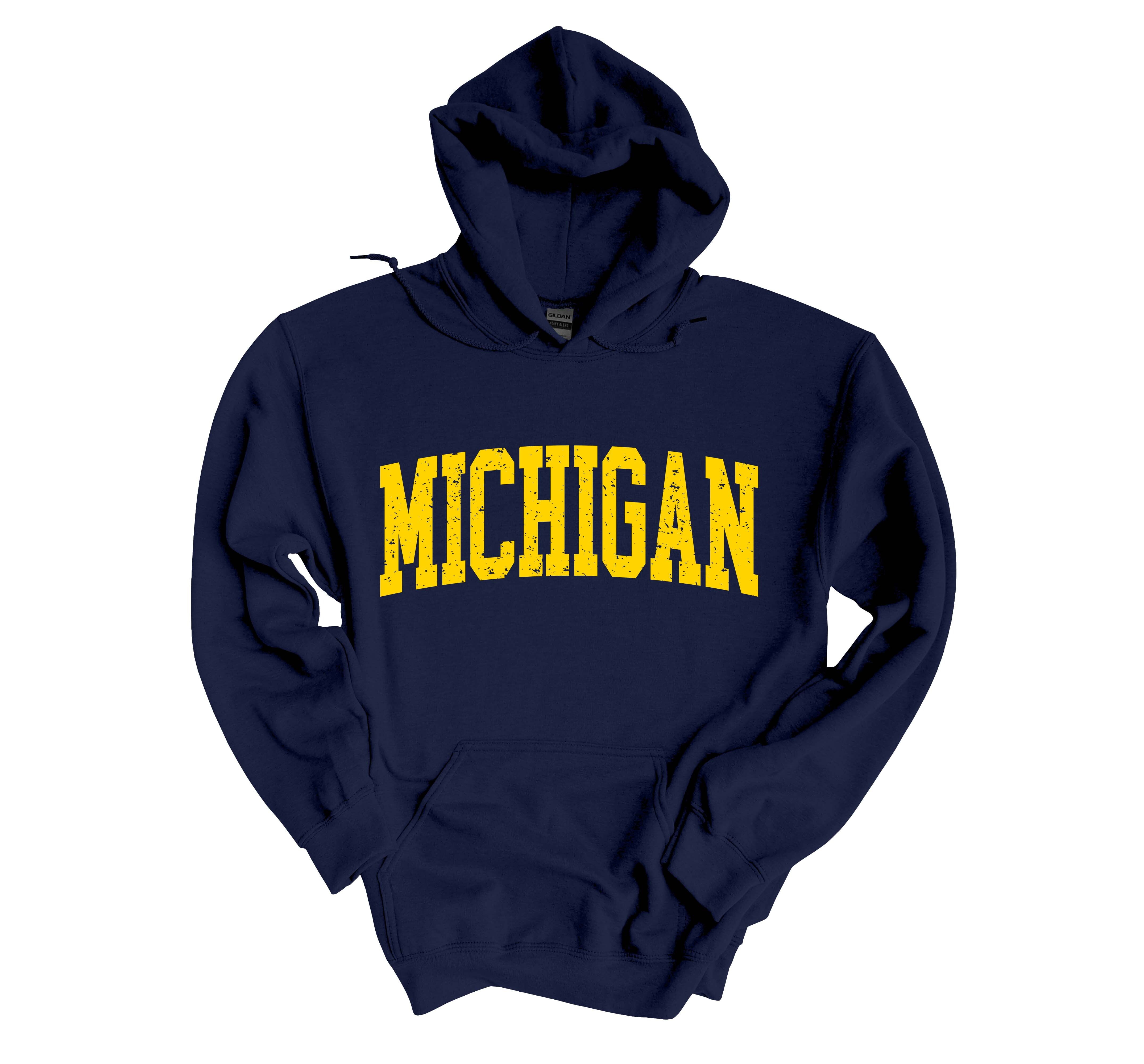Mens Michigan Tshirt Michigan Football Team Color Hooded Sweatshirt-Navy Blue-small