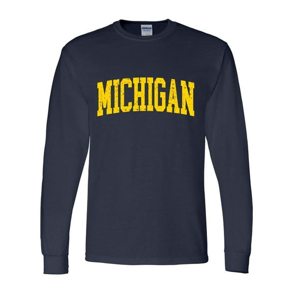 Mens Michigan Tshirt Michigan Football Team Color Long Sleeve T-shirt-Navy Blue-4xl