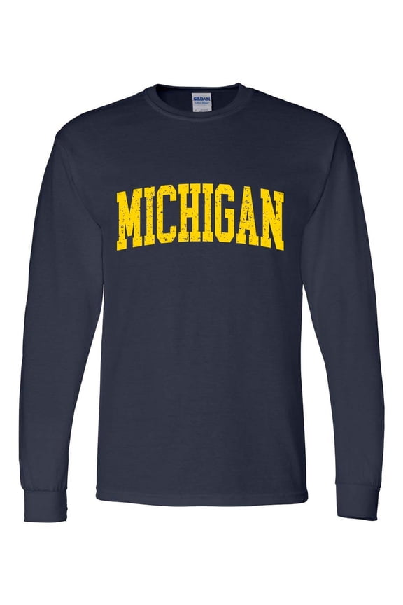 Mens Michigan Tshirt Michigan Football Team Color Long Sleeve T-shirt-Navy Blue-5xl