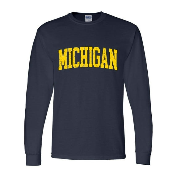 Mens Michigan Tshirt Michigan Football Team Color Long Sleeve T-shirt-Navy Blue-5xl