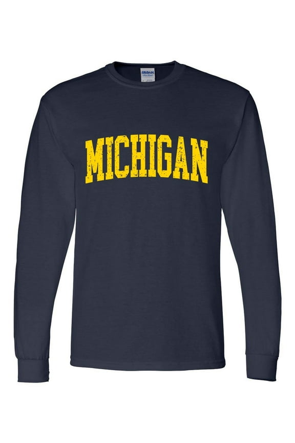Mens Michigan Tshirt Michigan Football Team Color Long Sleeve T-shirt-Navy Blue-medium