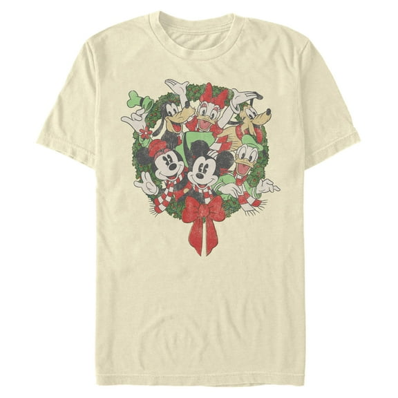 Mens Mickey & Friends Christmas Distressed Group Wreath T Shirt