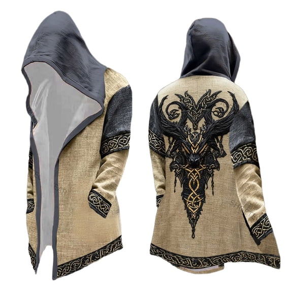 Mens Mid Length Hooded Sweater With Print Knit Cardigan Without Zippers Or Buttons Clothes