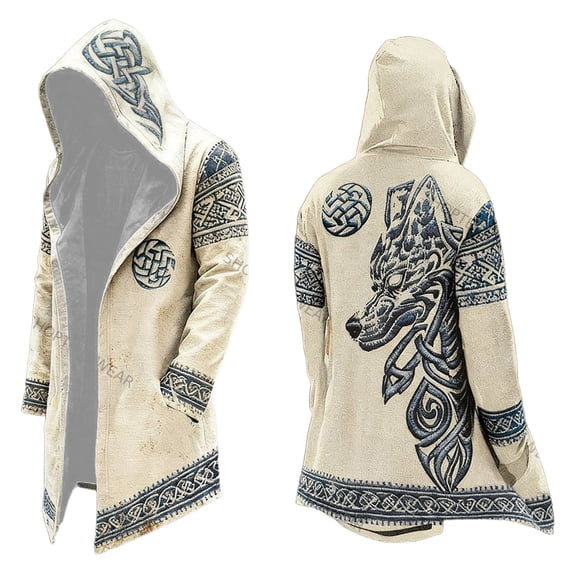 Mens Mid Length Knit Hoodie Cardigan With Print No Zipper No Buttons Clothes