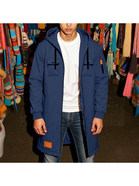 Mens Mid-Length Tactical Hoodies Trench Coats Long Sleeve Full Zipper Loose Fitted Cargo Sweatshirts with Multi Pockets New Lightweight Outerwear for Men Navy M