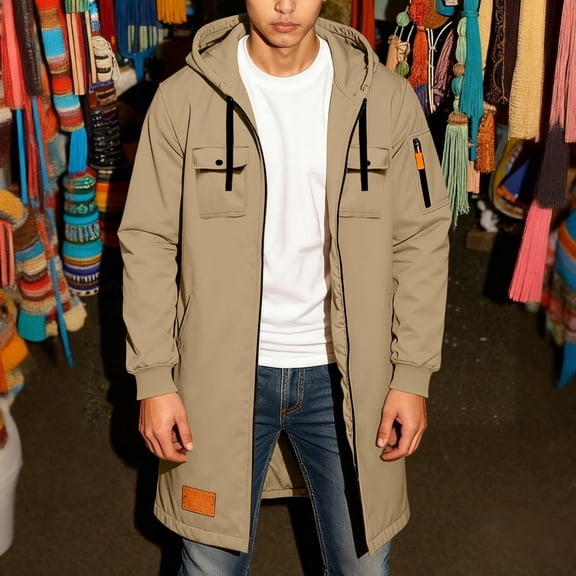 Mens Mid-Length Tactical Hoodies Trench Coats Long Sleeve Full Zipper Loose Fitted Cargo Sweatshirts with Multi Pockets New Windbreaker Jacket Men Fall Khaki XL