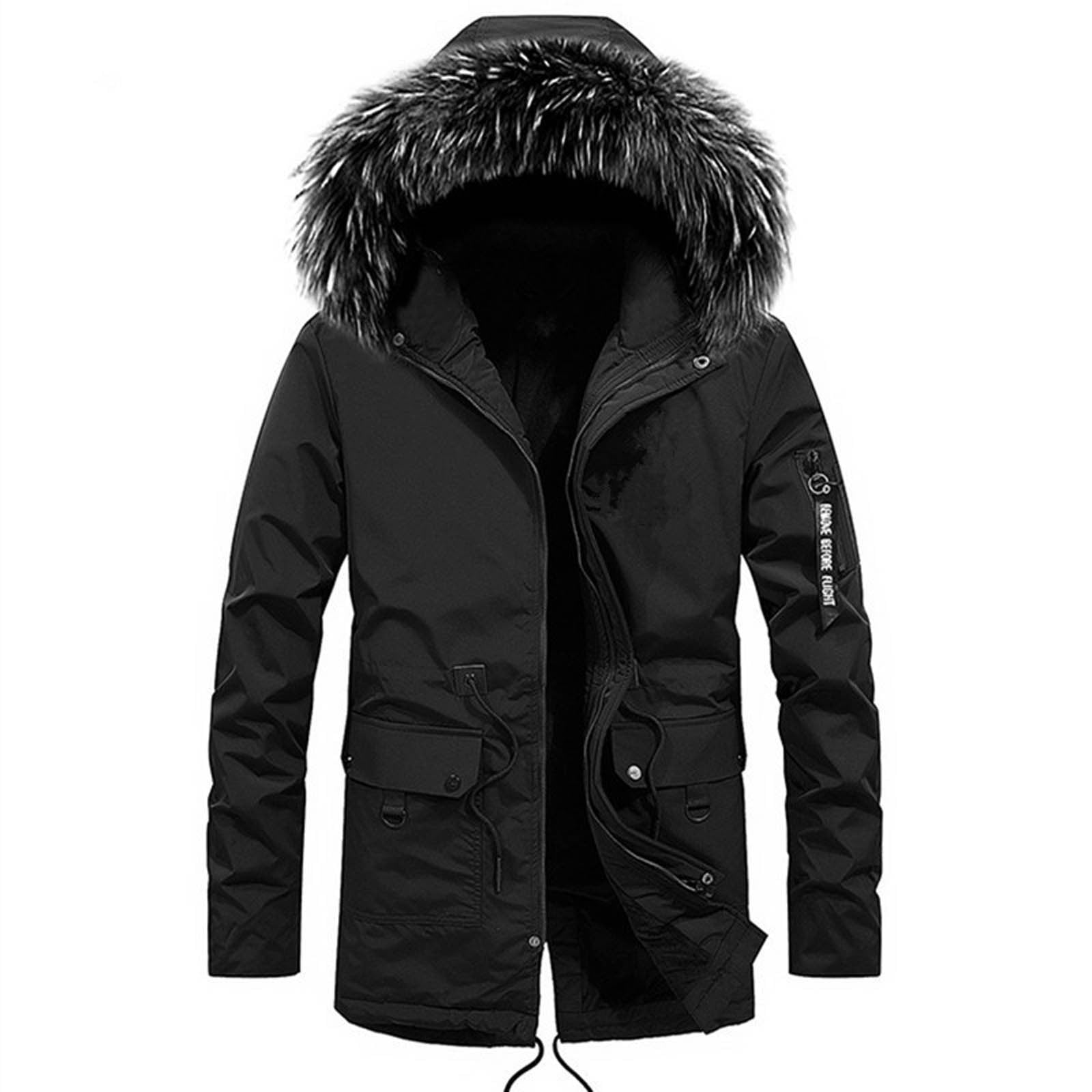 Mens Mid-length Jacket with Faux Fur Hood, Military Jacket