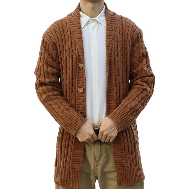 Mens Mid length Shawl Collar Cardigan Casual Solid Long Sleeve Button Down Cable Knit Pullover Winter Warm Soft Loose Fit Knitwear