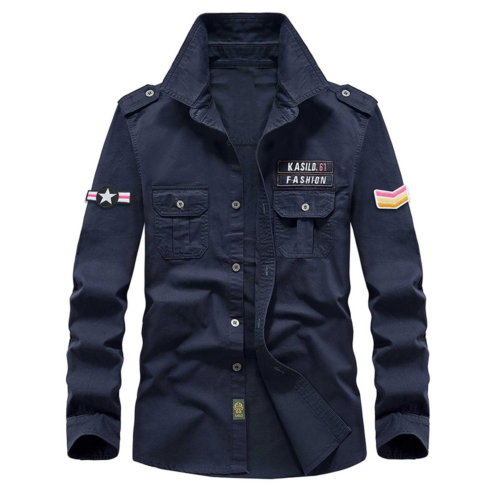 Mens Military Jacket Casual Stars Army Coat Sports Long Sleeve Turndown