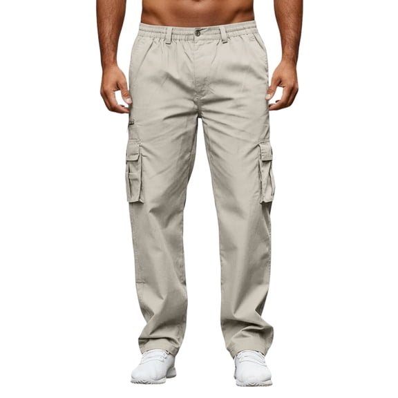Mens Military Pants Water Resistant Elastic Waist Cargo Pants with Pockets Quick Dry Pants Durable Rip-Stop Stretch Fit Apparel,Beige L