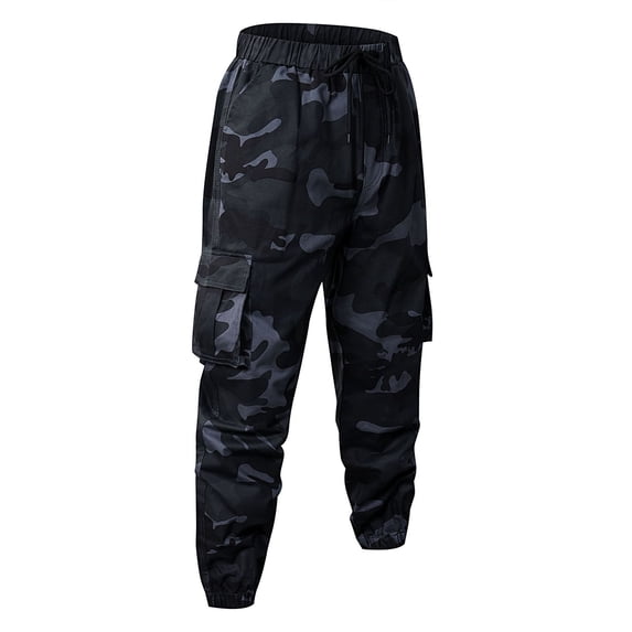 Mens Military Pants Water Resistant Stretch Waistband Cargo Pants with Multi Pockets Big and Tall Joggers Breathable Hiking Construction Ripstop Trousers,Black S
