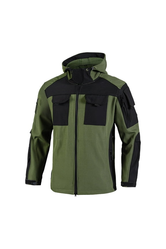 Mens Military Tactical Raincoat Stand Collar Waterproof Hooded Softshell Hiking Patchwork Zipup Windbreaker With Multipockets