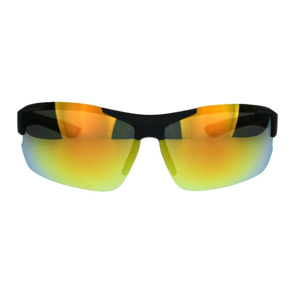Mens Minimal Baseball Half Rim Warp Around Sport Plastic Sunglasses Black Orange Mirror