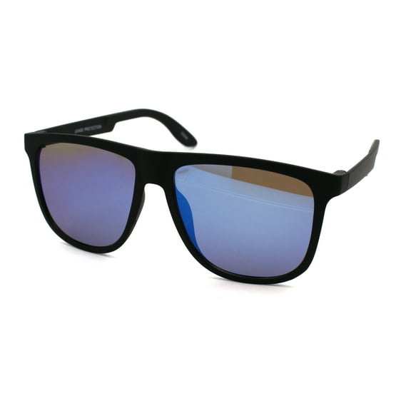 Mens Minimal Matte Sport Flat Top Rectangular Horn Sunglasses Black Blue Mirror