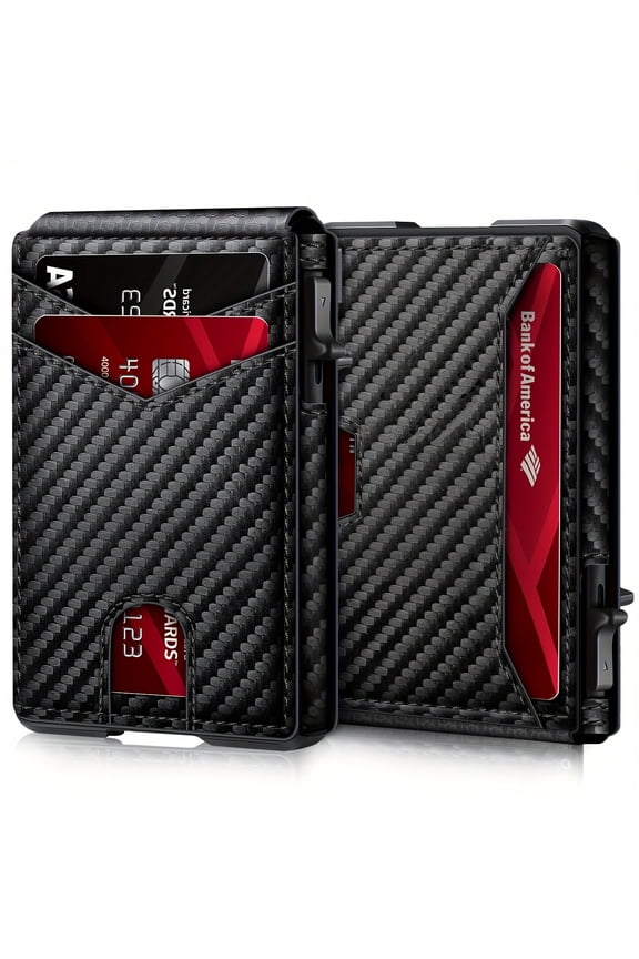 Mens Minimalist Wallet 9-13 Cards, Slim Compact Wallet with Money Clip & ID Window, RFID Blocking Smart Pop Up Card WalletCarbonFiber Two Fold Ultra-Thin Side Push Multi Slot Wallet Carbon Card Bag