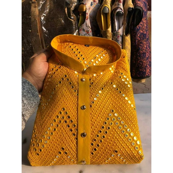 Mens Mirror Work Squared Kurta Pyjama Set | wedding wear kurta pajama|kurta men