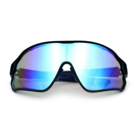 Mens Mirrored Classic Oversized Shield Windbreaker Wrap Plastic Sport Sunglasses Black Blue - Blue Mirror