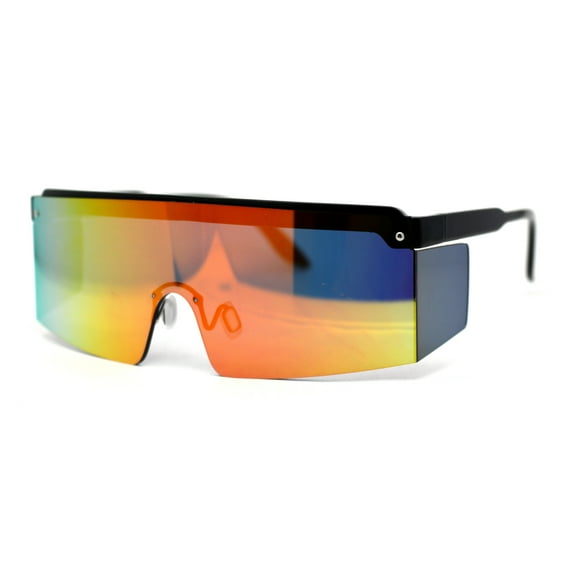 Mens Mirrored Flat Top Windbreaker Side Visor Square Shield Sunglasses Black Orange Mirror