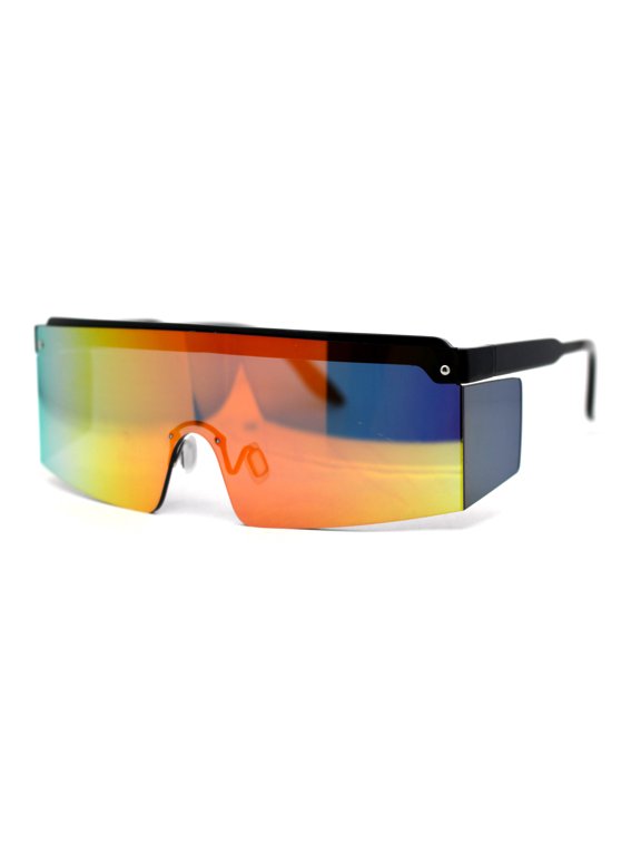 Mens Mirrored Flat Top Windbreaker Side Visor Square Shield Sunglasses Black Orange Mirror