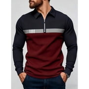 Mens Mixed Colors Long-Sleeve Quarter-Zip Collared Polo Shirt, Casual Athleisure Top