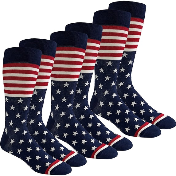 Couver Men's Cotton Novelty Crew Socks, 3-Pack, USA Flag Stars and Stripes, Size 10-13