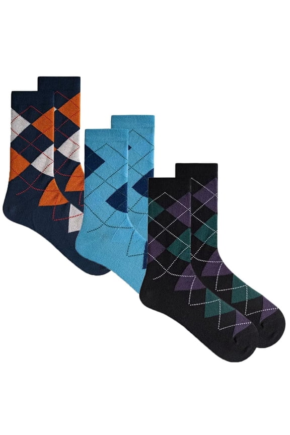 Mens Argyle Black Sky Navy Patterned Crew Socks 3 Pack Size 10-13 (Mens)