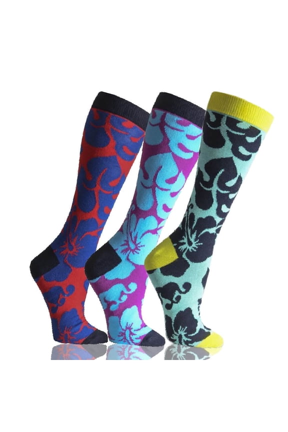 Mens Hawaiian Hibiscus Floral Patterned Crew Socks 3 Pack Size 10-13 (Mens)