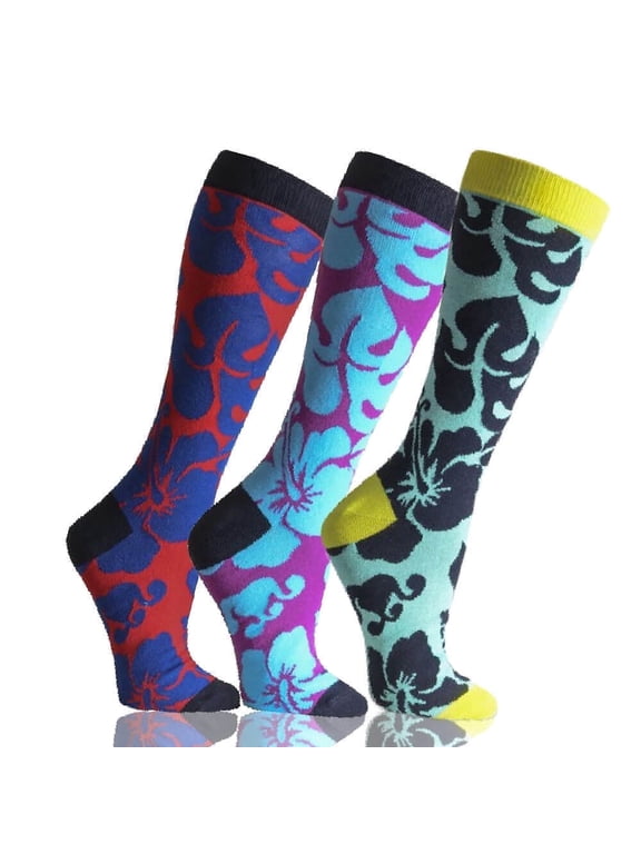 Mens Hawaiian Hibiscus Floral Patterned Crew Socks 3 Pack Size 10-13 (Mens)