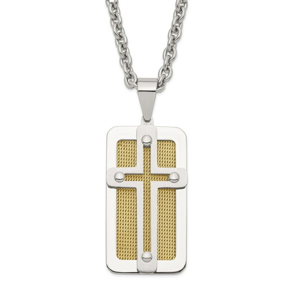 Stainless Steel Cross Pendant Necklace, Gold Tone Mesh Inlay, 24 in Chain