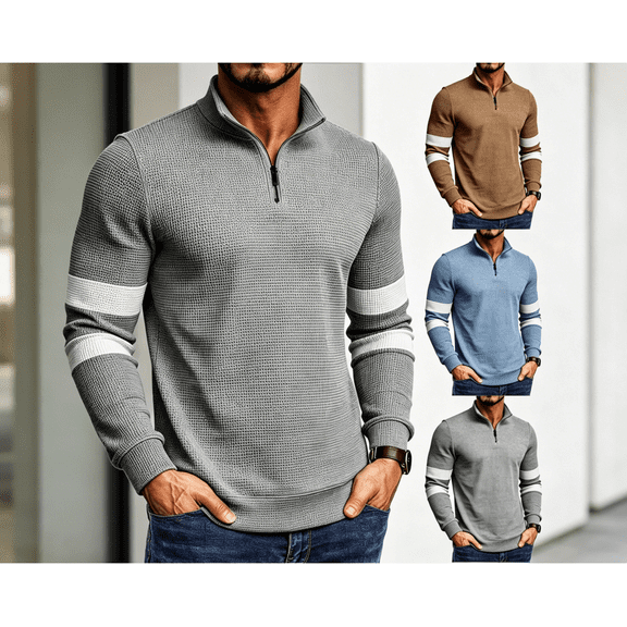 Mens Mock Neck Golf Sweatshirt Quarter Zip- Soft Stretchy Patchwork Rib Knit Waffle Pullover Sweater Sweatshirts for Men for Fall & Winter Big and Tall Size S-3XL Gray