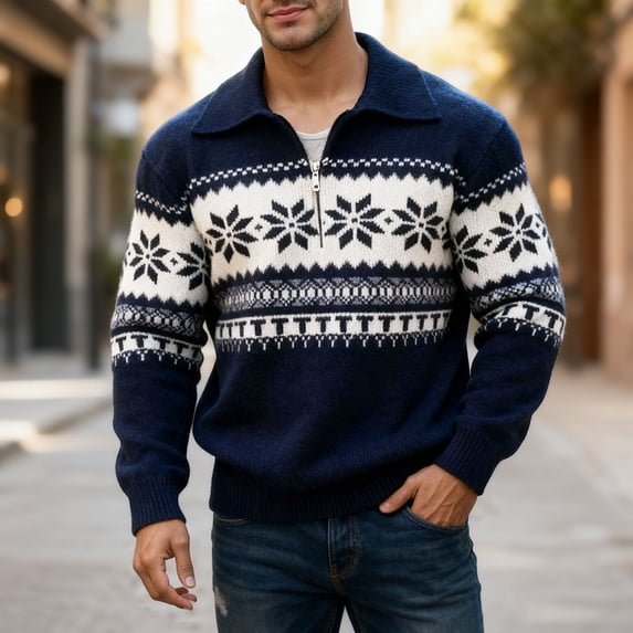 Mens Neck Half Zip Sweater Patterned Knit Pullover Warm Casual Sweater for Fall Winter Layering Soft Vintage Knitwear for Daily Wear