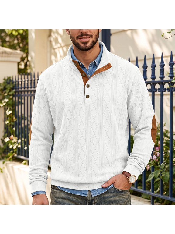 Mens Mock Neck Quarter Button Pullover Long Sleeve Textured Top With Elbow Patch Autumn Winter Business Wear(White,XXL)