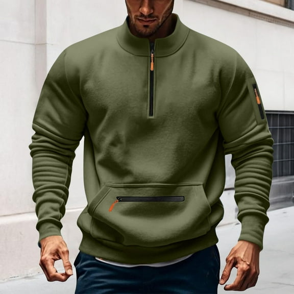 Mens Mock Neck Sweatshirts with Pockets and Zipper Fleece Lined Shirts Long Sleeve Casual Solid Color Pullover Warm Athletic Workout Hoodie Tops