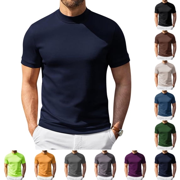 Mens Mock Neck T Shirts Fashion Stretch Short Sleeve Slim Fit Basic T Shirts Summer Breathable Lightweight Casual Business T-Shirts Dark Blue L