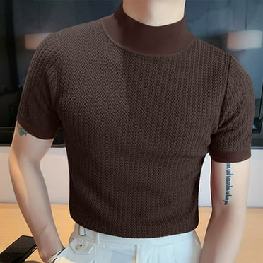 Mens Mock Turtleneck Pullover T-Shirt Knitted Sweater Slim Fit Short Sleeve Tee