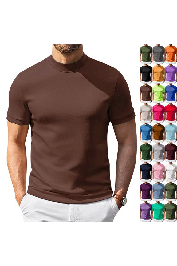Mens Mock Turtleneck Shirts Short Sleeve Casual Basic T-Shirts Ribbed Solid Pullover Tops (Brown,S)