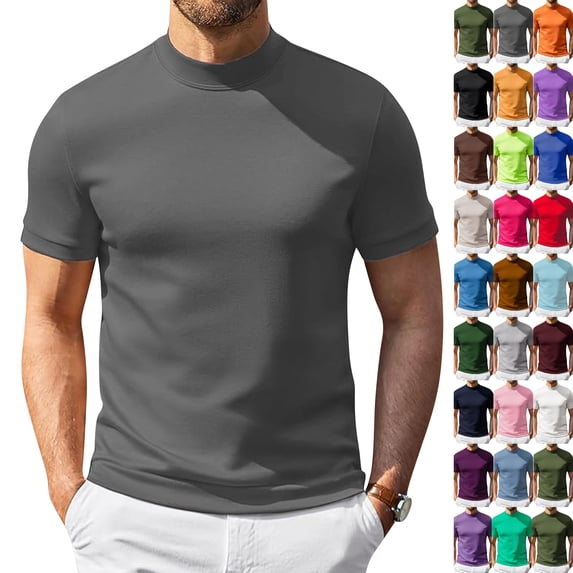 Mens Mock Turtleneck Shirts Short Sleeve Casual Basic T-Shirts Ribbed Solid Pullover Tops (Dark Gray,S)