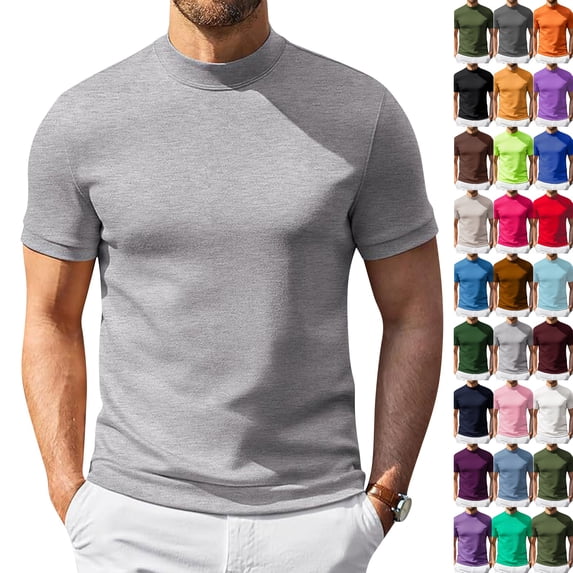 Mens Mock Turtleneck Shirts Short Sleeve Casual Basic T-Shirts Ribbed Solid Pullover Tops (Light Gray,XL)