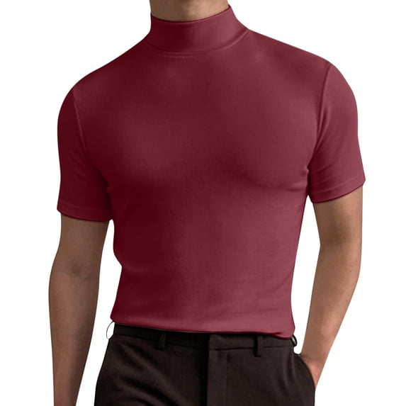 Mens Turtleneck Sweater Short Sleeve Solid Color T-Shirts Basic Slim Fit Knitted Pullover Tees,Red,2XL