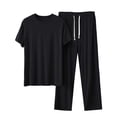 thumbnail image 1 of Mens Modal Pajamas Set Lightweight Loungewear Short Sleeve Top and Pants Soft Sleepwear Pjs Sets Size 5XL Black, 1 of 5