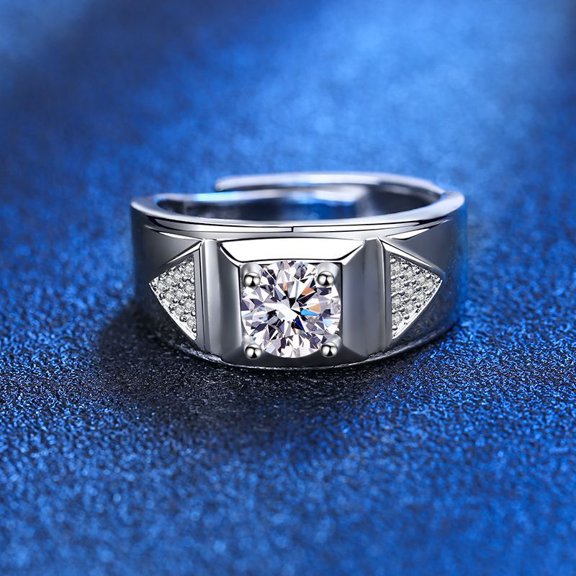 Mens Moissanite Diamond Simulation Ring Adjustable Open Four Claws Geometric Copper Electroplated Statement Jewelry